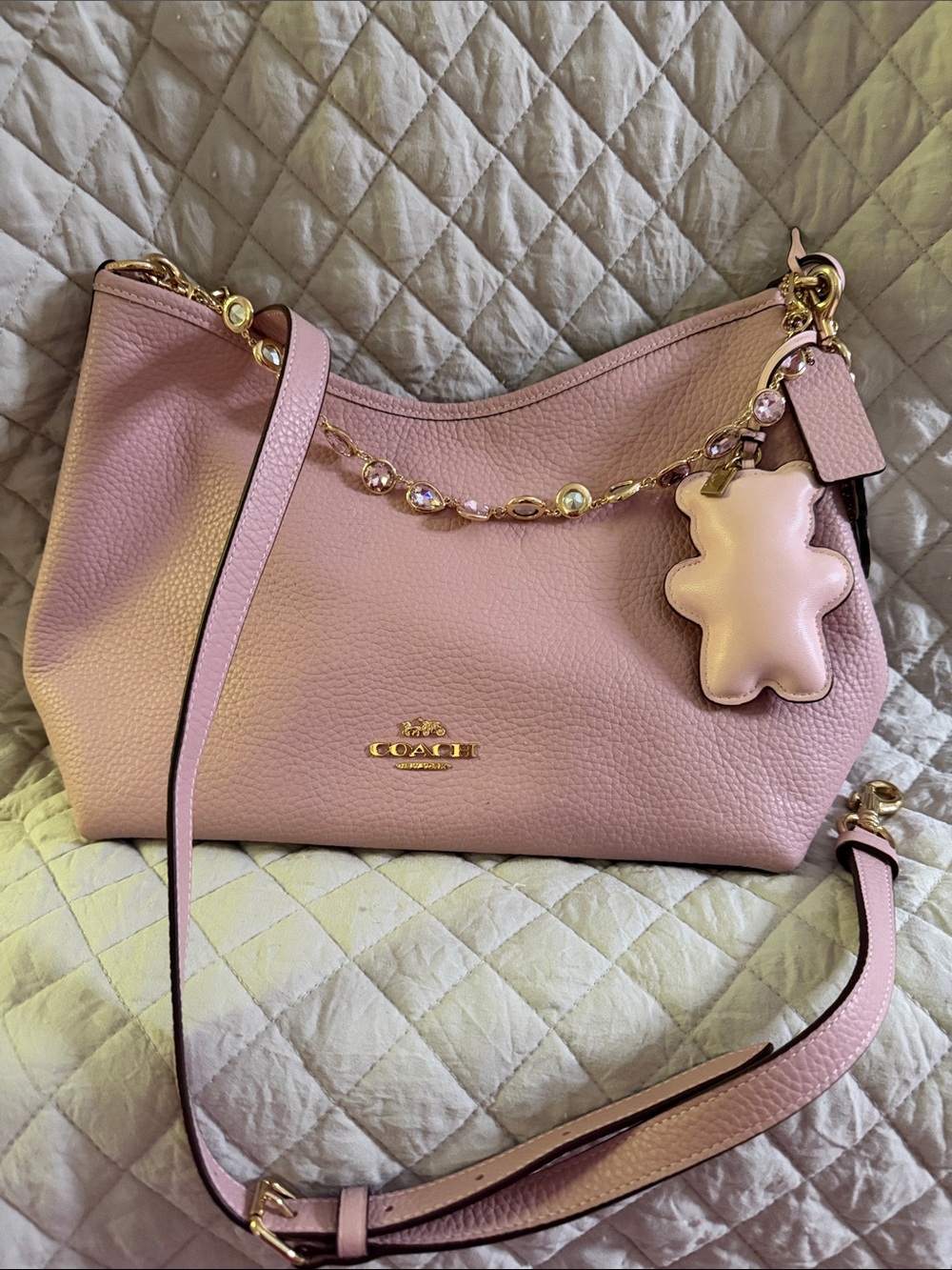 Coach Pink Pebbled Leather Shoulder Bag with Teddy Charm